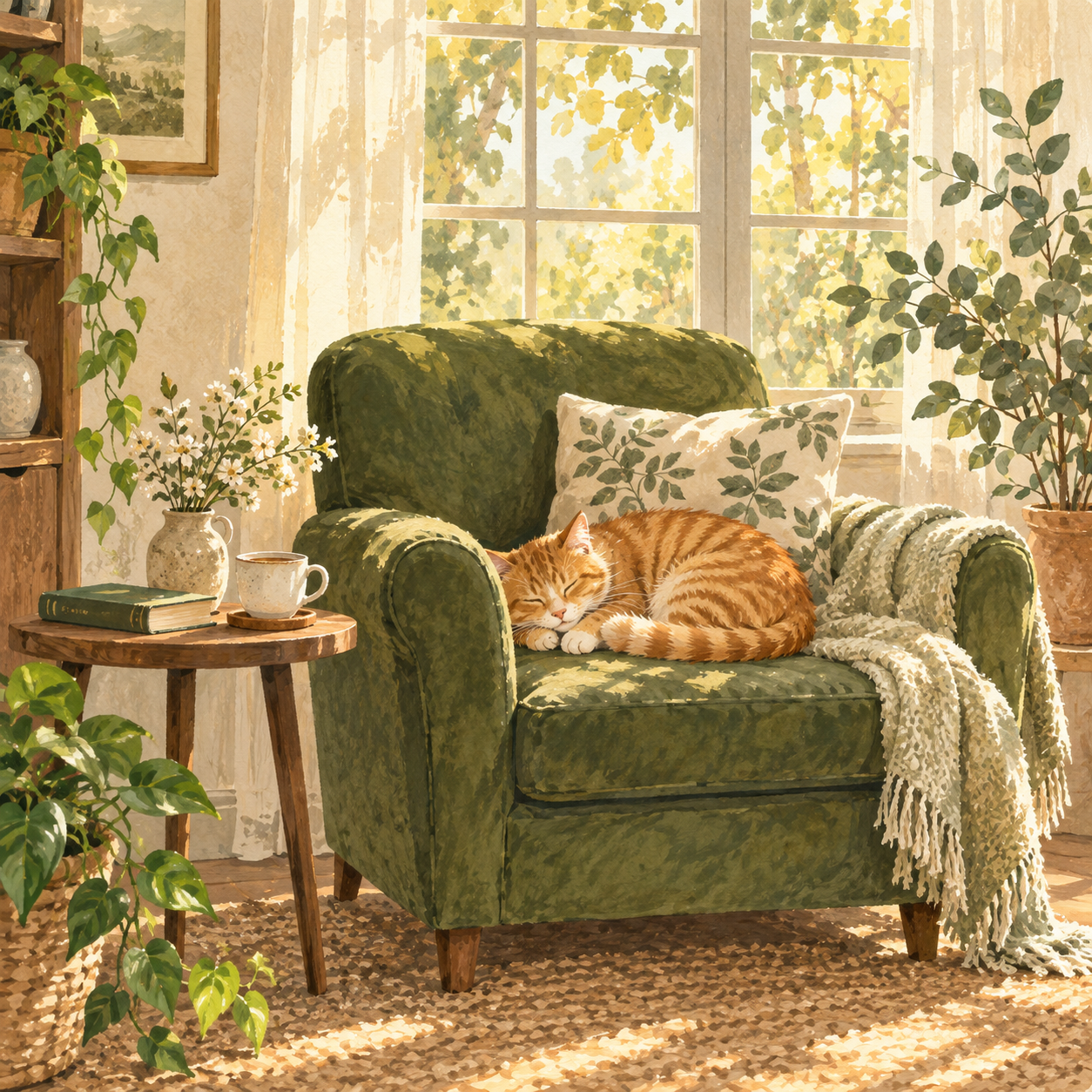 暖暖的阳光洒进窗边，一只橘猫在绿色扶手椅上安睡的水彩插画